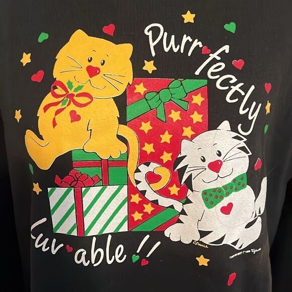 Vintage Cat Christmas Purrfectly Luvable Black Graphic Pullover Sweatshirt - Picture 4 of 9